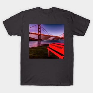 A Red Piano Looking Out At The Golden Gate Bridge At Dusk. T-Shirt